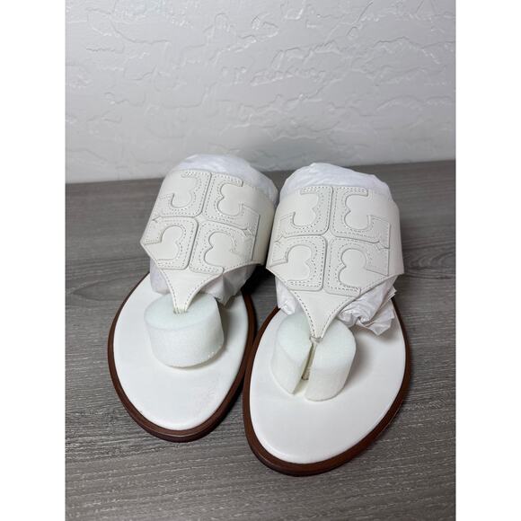 Tory Burch Jamie Full Logo Thong Calf Leather Sandals In Ivory Size 7 Womens NIB - Picture 4 of 7
